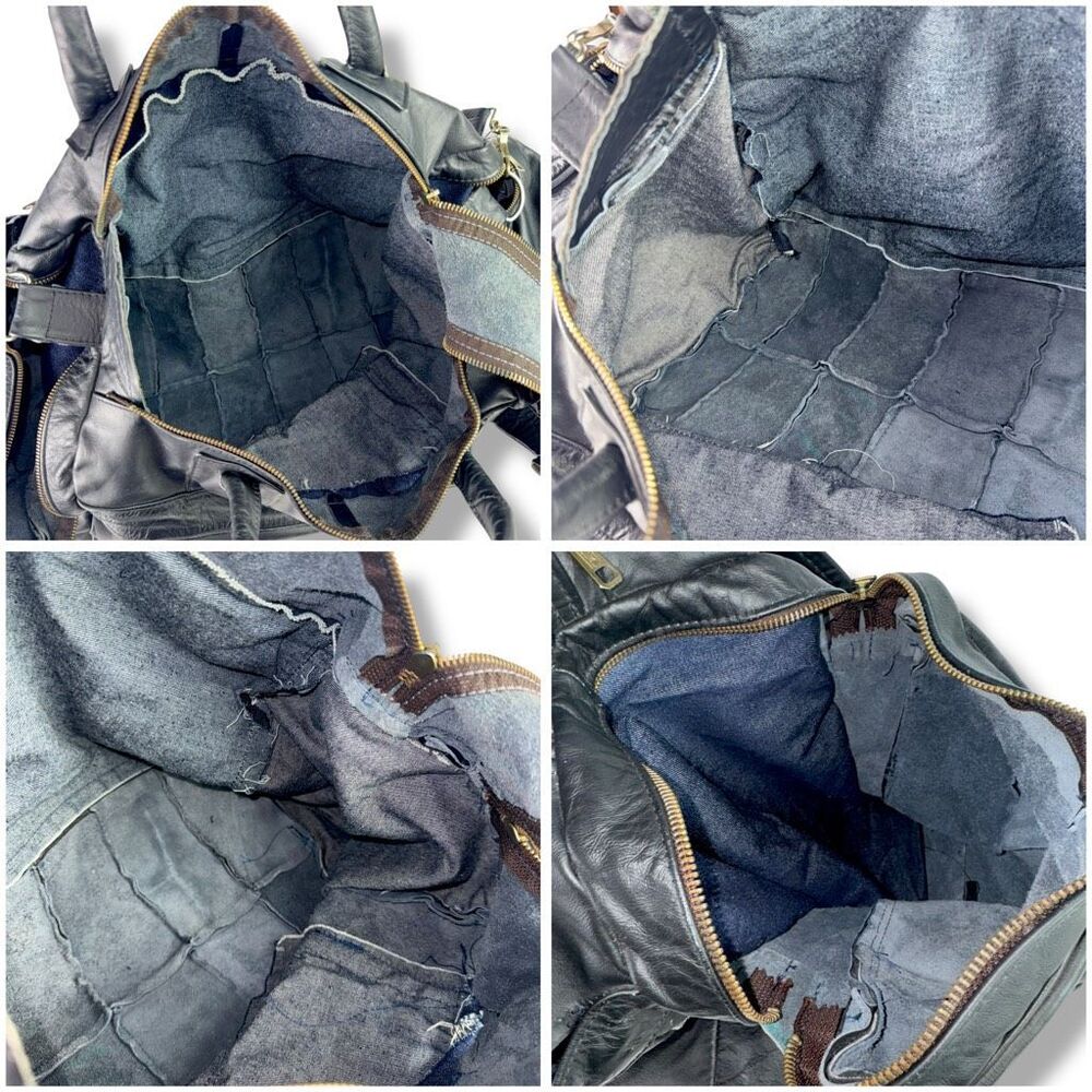 Vintage 80s 90s Y2K Duffel Travel Overnight Bag Weekender Black Leather Denim - Picture 8 of 11